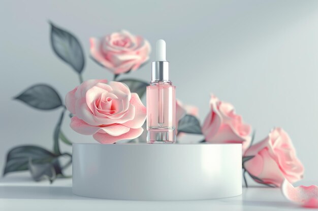 Natural facial serum in glass bottle with pink roses