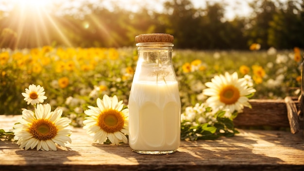 Natural farm cow's milk outdoors flowers