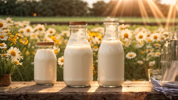 Natural farm cow's milk outdoors flowers