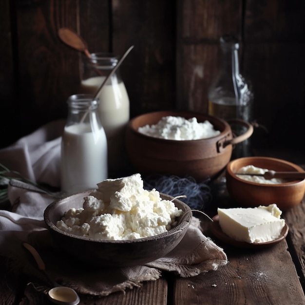 Natural Farm Dairy Products and Rustic Cutlery on old rural wooden table AI Generative