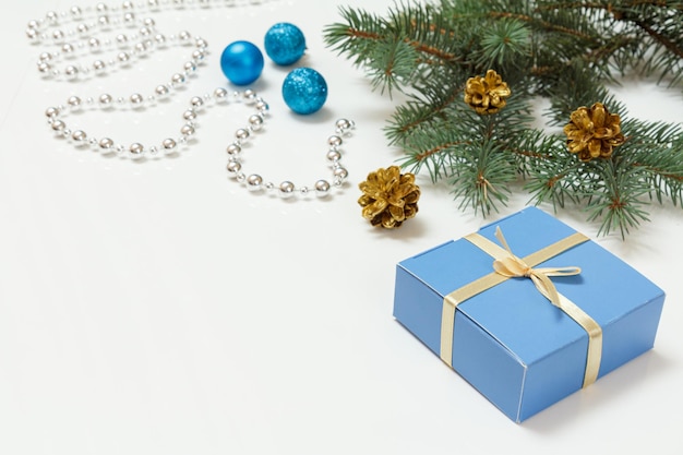 Natural fir tree branch with Christmas ornament on white background