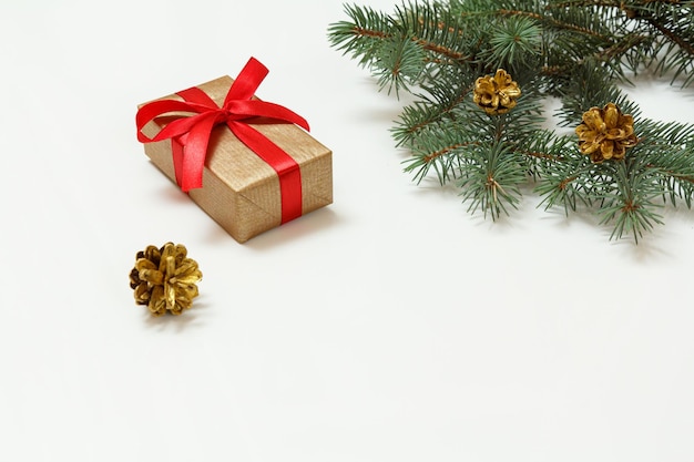 Natural fir tree branches with Christmas ornament on white background