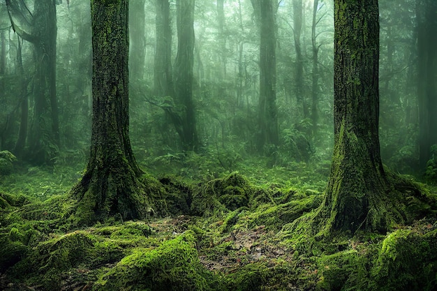 Natural forest during the day fog create a mystical atmosphere