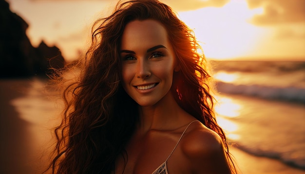 Natural fullbody model with long wavy wet hair smiling and joyful standing near the water in Hawaii Generative AI portrait photography professional photography golden hour photography