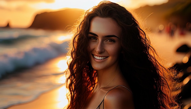 Natural fullbody model with long wavy wet hair smiling and joyful standing near the water in Hawaii Generative AI portrait photography professional photography golden hour photography