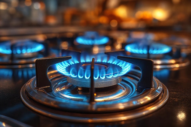 Natural gas burning on kitchen gas stove Panel from steel with a gas ring burner close up