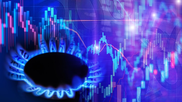 Natural gas cost growth concept with gas burners and stock charts