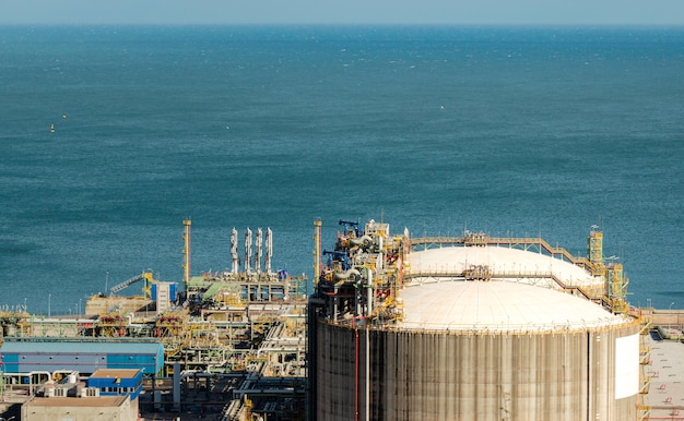 Natural Gas Tank in the Petrochemical Industry in daylight, Gijon, Asturias, Spain.