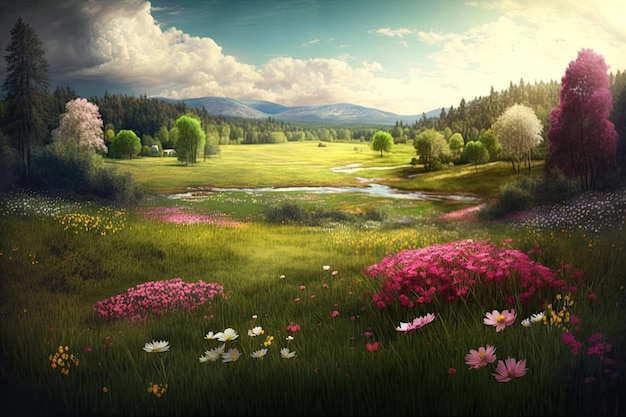 Natural green landscape with blooming flower meadow in spring created with generative ai