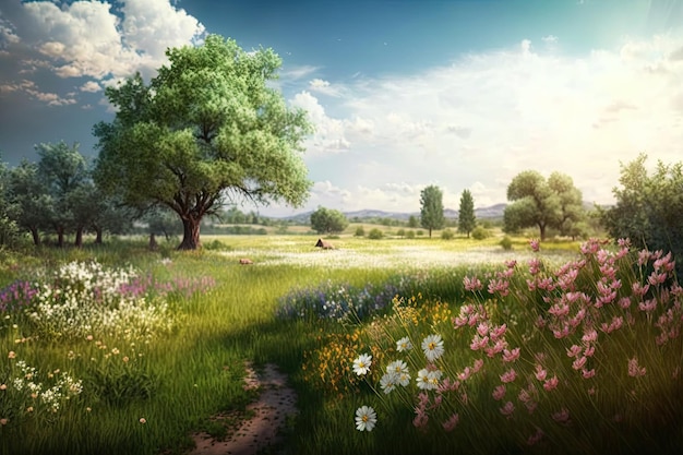 Natural green landscape with blooming flower meadow in spring created with generative ai