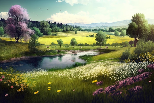 Natural green landscape with blooming flower meadow in spring created with generative ai