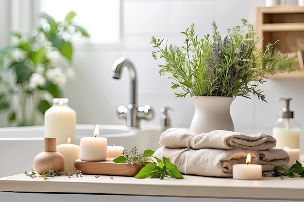 Natural handmade soap and candles in white bathroom on ecostyle background rolled towels potted plants Hobby soap making home made AI generated