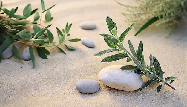 Photo natural harmony sage twig and pebble rocks on sand serene botanical background copy space text