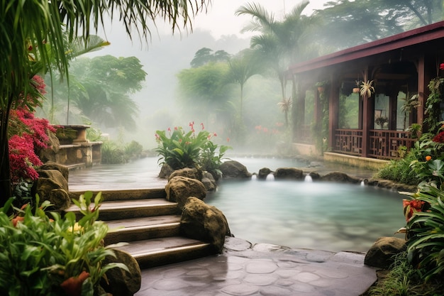 natural hot spring surrounded by lush greenery steaming in the cool morning air