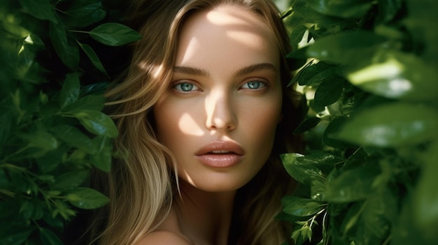 Natural Ingredients in skincare beautiful young woman with green plants Generative AI image