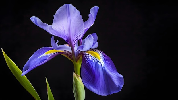 Natural iris flower with delicate petals of bright violet color growing against blac Generative AI