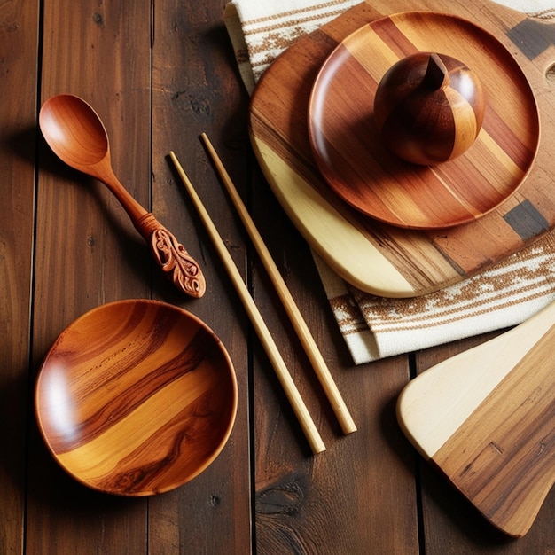 Photo natural kitchen tools wood products background with spoon fork chopsticks plate cutting board