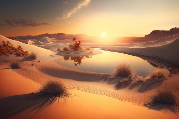 Natural landscape of dunes and desert sunset with calm water in lake in the desert