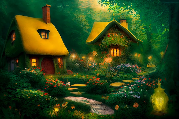 Natural landscape of a fairy tale country with houses and flowers Cartoon style Advertising for book