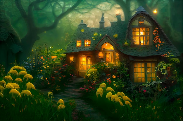 Natural landscape of a fairy tale country with houses and flowers Cartoon style Advertising for book