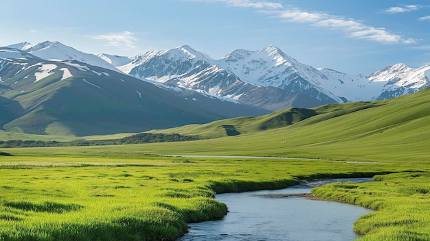 The natural landscape of green grassland and distant snowcapped mountains under the blue sky