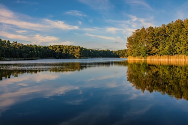 Natural landscape of the lake high definition the movement of waves against the background of the autumn forest The reflection of clouds on the ripples of water Germany