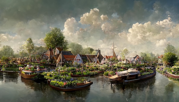 The natural landscape of the village with canals and flowers Cartoon style Advertising for books ill