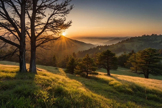 Natural landscape with sunrise and trees