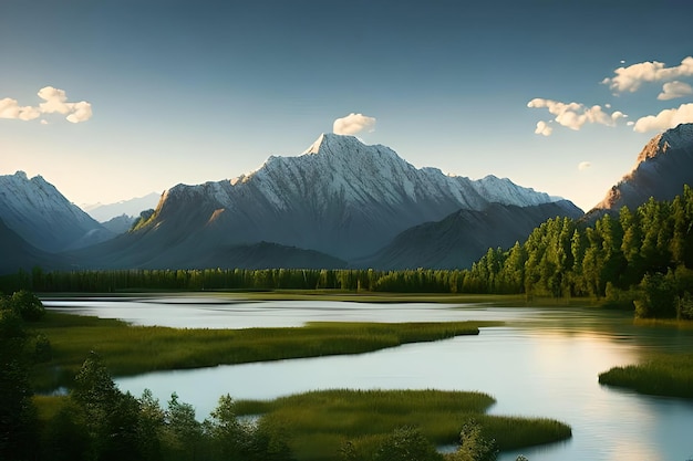 natural landscape with trees around a river and mountains in the background