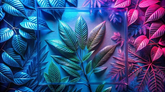 Natural Leaves of plants behind frosted glass morphism style on a neon background Fluorescent defocused blue purple Matte acrylic plate with copy space Top view