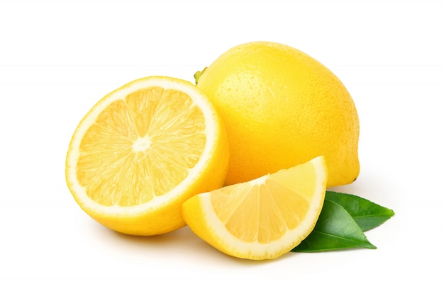 Natural Lemon fruit with cut in half and green leaves isolated on white. Clipping path.