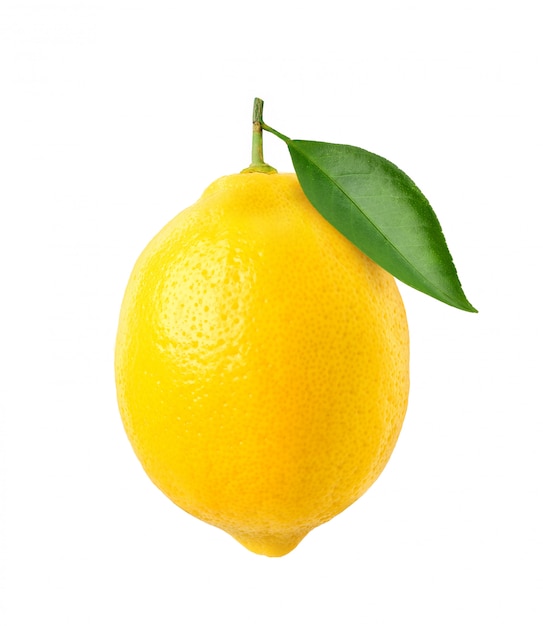 Natural Lemon fruit with green leaf isolated on white. Clipping path.