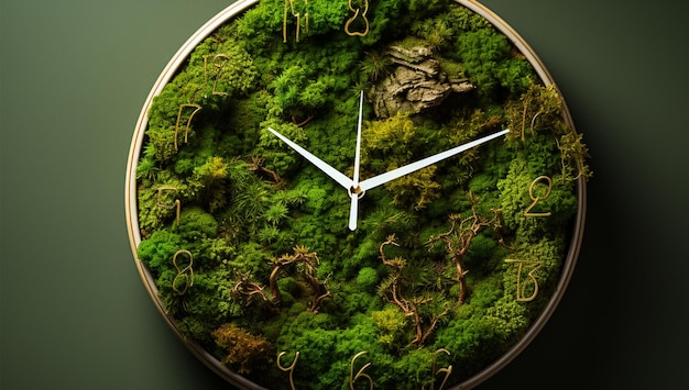 Natural lichen grassed clock on wall with toy car on top