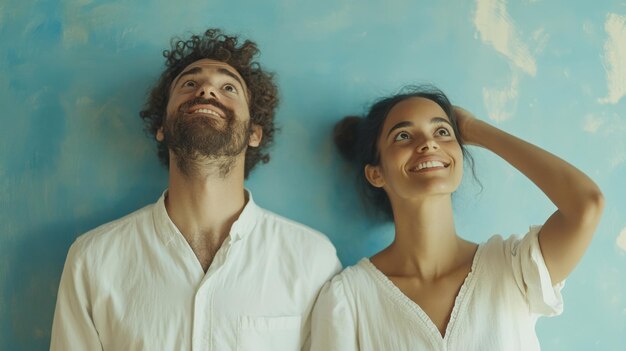 Photo natural light photo of a male and female painter dressed in white smiling and looking