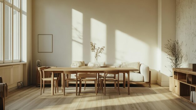 Natural light pours into a spacious minimalist living room with elegant wooden furniture