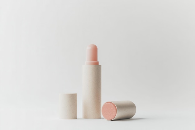 Photo a natural lip balm in stick form the lip balm should have a light pink tint and be housed in minimalistic paper ecotube display the lip balm on a clean white background