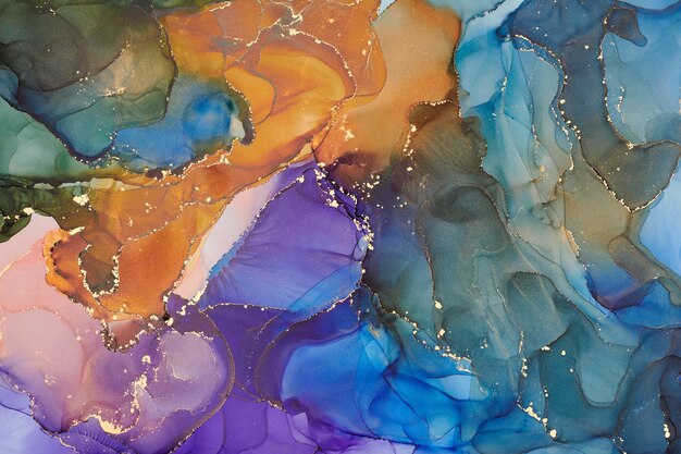 Natural luxury abstract fluid art painting in liquid ink technique Tender and dreamy wallpaper Mixture of colors creating transparent waves and golden swirls For posters other printed materials