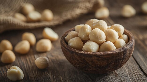 Photo natural macadamia nuts in a wooden bowl with scattered nuts on a rustic wooden table