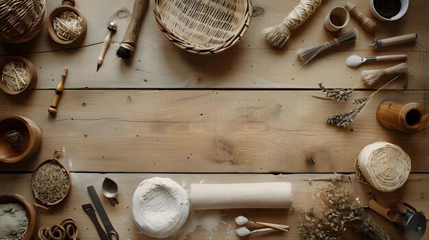 Photo natural materials and tools on a light wood table with negative space