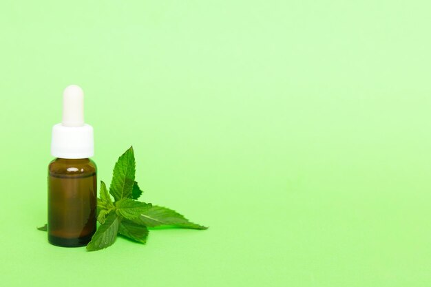 Natural Mint Essential Oil in a Glass Bottle organic cosmetics with herbal extracts of mint on colored background