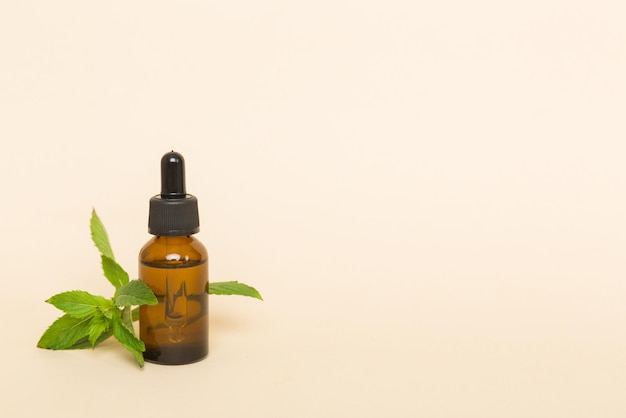 Natural Mint Essential Oil in a Glass Bottle organic cosmetics with herbal extracts of mint on colored background