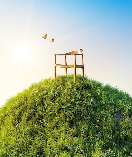 Natural morning green field of fresh grass environment little hill meadow with butterflies flying around wooden chair Hoping concept