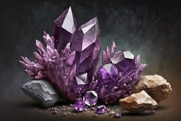 Natural mystic purple amethyst crystals on grey background