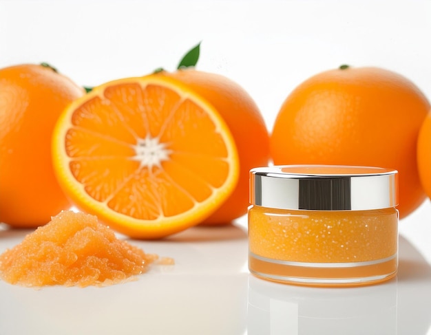 Photo natural orange sugar lip scrub on white background with reflection