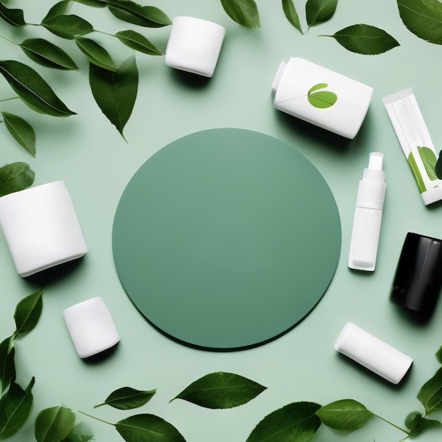 Natural organic cosmetic packaging plastic mockup with green leaves