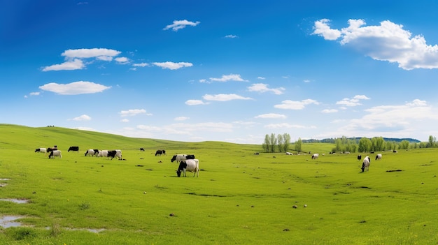 natural panorama of green meadows with blue sky during the day and grazing cows