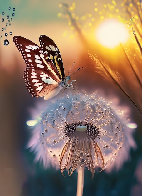 Natural pastel background Morpho butterfly and dandelion Seeds of a dandelion flower_ai_generated