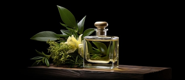 Natural perfume glass bottle on wood with flowers and green leaves on black background