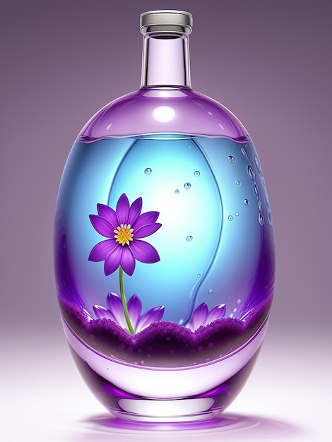 Natural perfume in a nice glass bottle on a wooden background with purple flowers