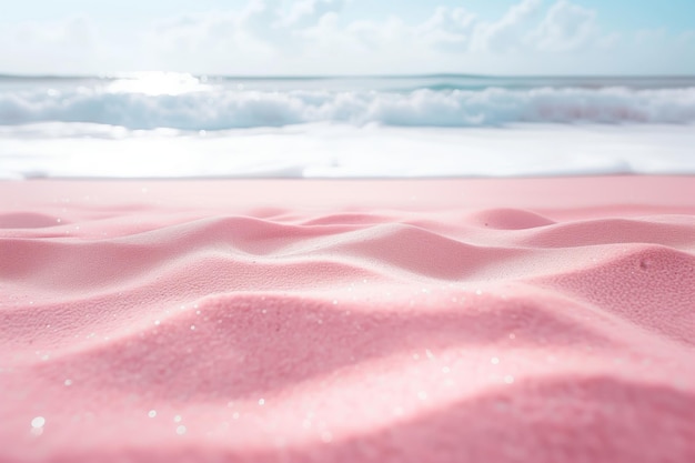 Natural pink sand on the beach with waves closeup